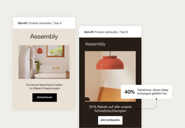 Beispiel für eine Mailchimp-Benutzeroberfläche mit zwei Varianten einer E-Mail, die miteinander A/B-getestet werden, wobei die Ergebnisse zeigen, welche Variante effektiver war.