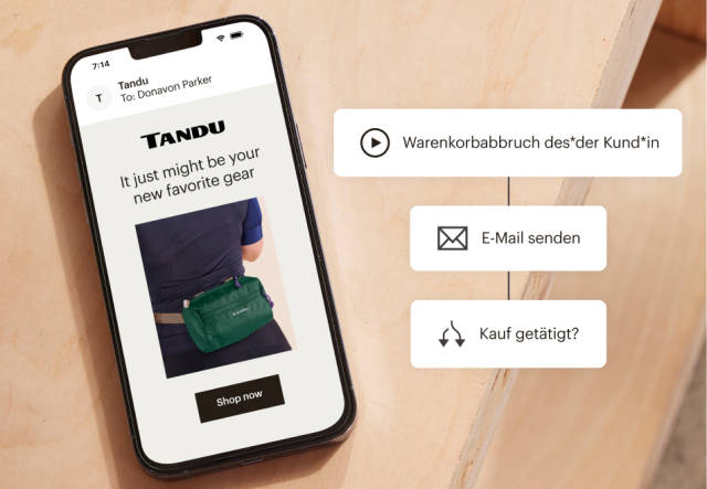 Bild eines Smartphones mit einer geöffneten E-Mail. Dieser Text befindet sich auch in der Grafik, die einen Workflow beschreibt: Kunde bricht Warenkorb ab -> E-Mail schicken -> tätigt Kauf? 