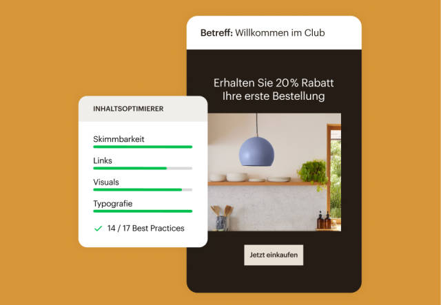 Beispiel für eine Mailchimp-Benutzeroberfläche mit dem Content-Optimierer, der eine Beispiel-E-Mail auf Übersichtlichkeit, Qualität von Links, Qualität von Bildern und Qualität der Typografie bewertet, während gleichzeitig die Best Practices der Branche eingehalten werden.