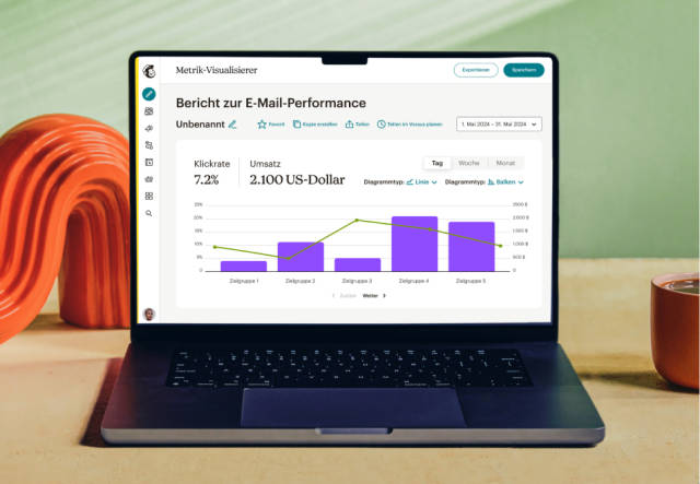 Laptop-Bildschirm mit dem Metrik-Visualizer von Mailchimp, einschließlich Optionen zum Vergleichen der Klickrate und des Gesamtumsatzes über einen anpassbaren Zeitraum.