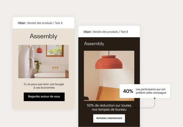 Exemple d'interface utilisateur de Mailchimp présentant deux variantes d'un e-mail faisant l'objet de tests A/B les comparant l'une à l'autre avec des résultats indiquant quelle variante a été la plus efficace.