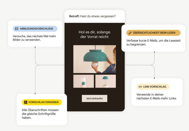 Mobile Benutzeroberfläche mit KI-Funktionen wie Bildvorschlägen, Lesbarkeit, Linkvorschlägen und Tippvorschlägen