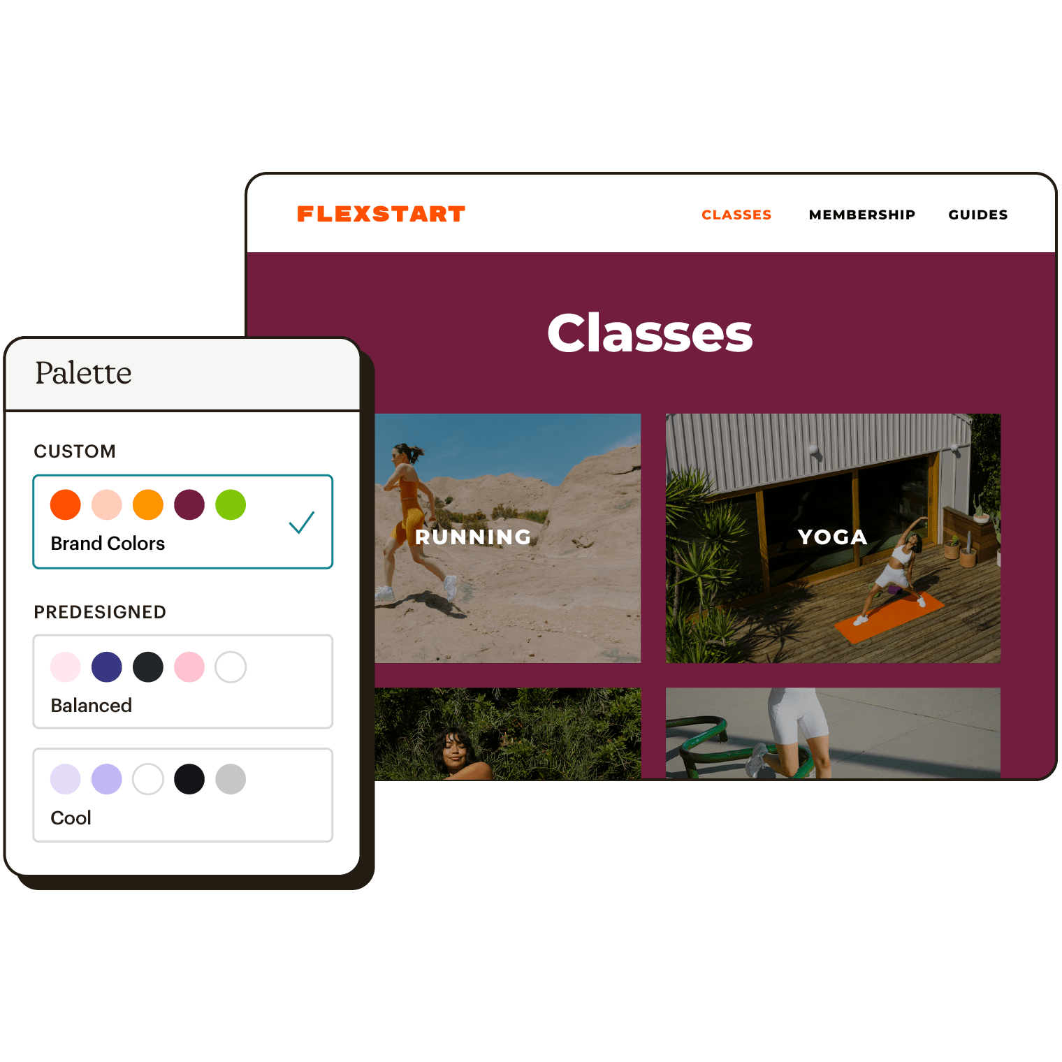 Abstract UI of choosing a custom or predesigned palette for a website called Flexstart