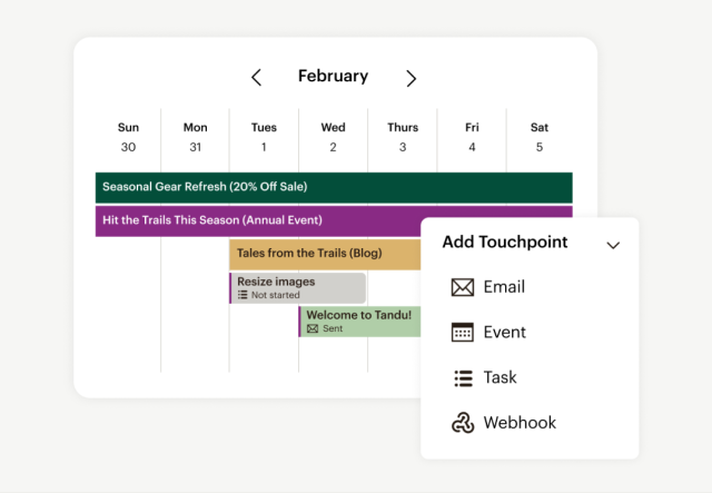 Mailchimp’s Campaign Manager shown next to a menu of options for adding touchpoints, such as an email, event, task, or webhook.