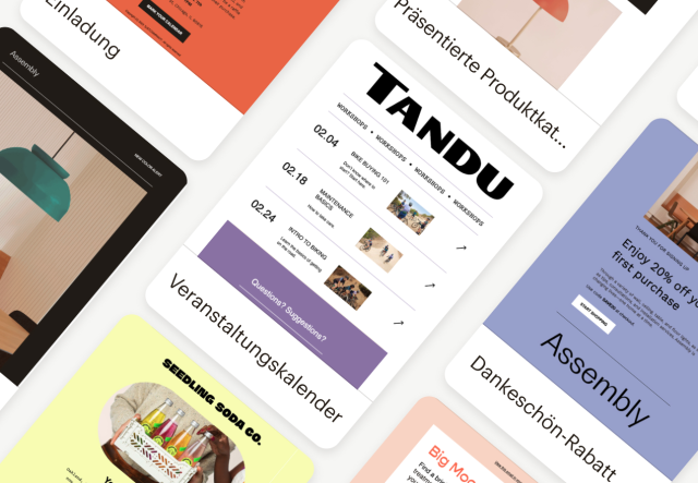 Verschiedene in Mailchimp verfügbare Designvorlagen, die für vorgefertigte Layouts wie „Eventkalender“ und „Dankeschön-Rabatt“ verwendet werden.