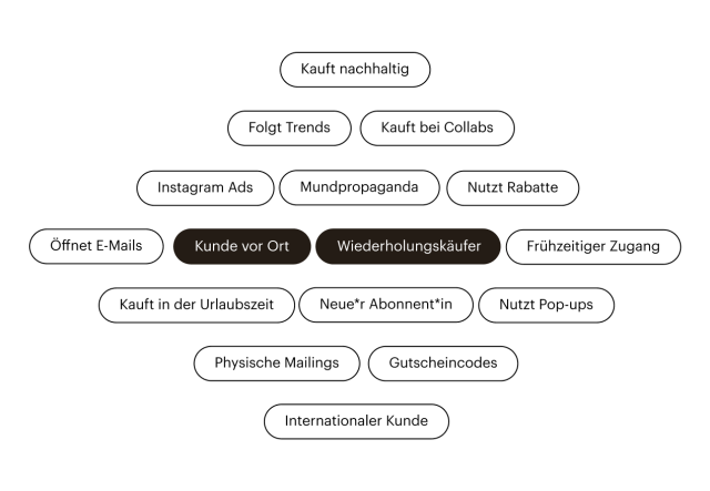 Verschiedene Beispielsegmente, die mit Mailchimp-Kampagnen angesprochen werden können, wie „Kunde vor Ort“ und „Stammkunde“.