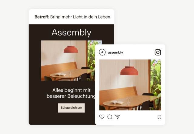 Eine E-Mail und ein Social-Media-Beitrag mit demselben Produktbild in verschiedenen Größen, die mit dem Content Studio von Mailchimp einfach erstellt werden können.