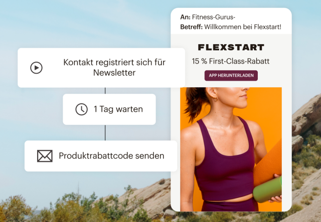 Eine Customer-Journey-Automatisierung, die einen Tag nach der Anmeldung eines Besuchers für deinen Newsletter einen Rabattcode sendet.