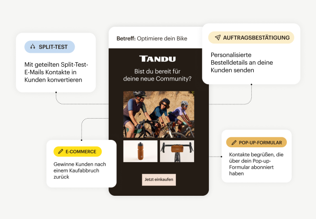 Verschiedene E-Mail-Automatisierungen von Mailchimp, die du verwenden kannst, wie A/B Tests, Bestellbestätigung und Rückgewinnung abgebrochener Einkäufe.