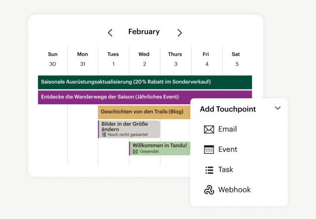 Der Kampagnen-Manager von Mailchimp, abgebildet neben einem Menü von Optionen zum Hinzufügen von Touchpoints wie E-Mails, Events, Aufgaben und Webhooks.