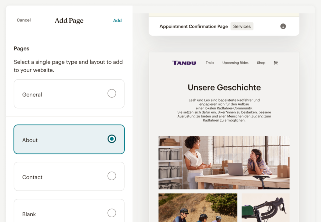 Eine E-Commerce-Website, die im Seitendesigner von Mailchimp erstellt wird und bei der mit einem Klick eine neue Über–uns-Seite hinzugefügt werden kann.