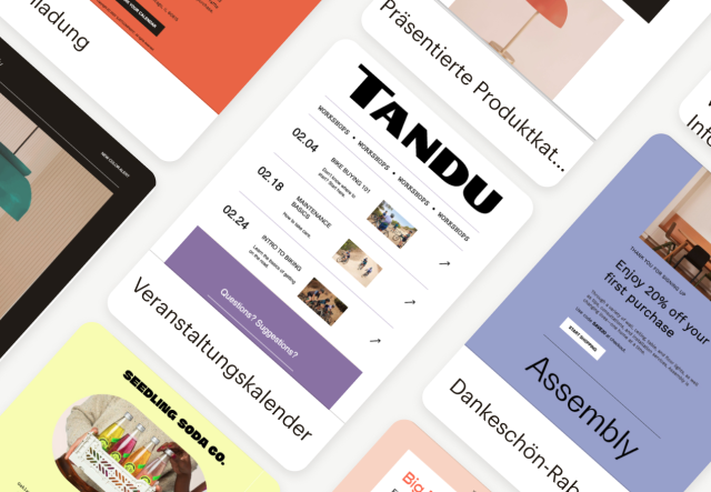 Verschiedene in Mailchimp verfügbare Designvorlagen, die für vorgefertigte Layouts wie „Eventkalender“ und „Dankeschön-Rabatt“ verwendet werden.