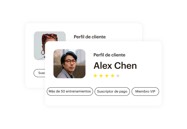 Una tarjeta de perfil de cliente de Mailchimp, que muestra su nombre, así como segmentos relevantes como “Suscriptor de pago” y “Miembro VIP”.