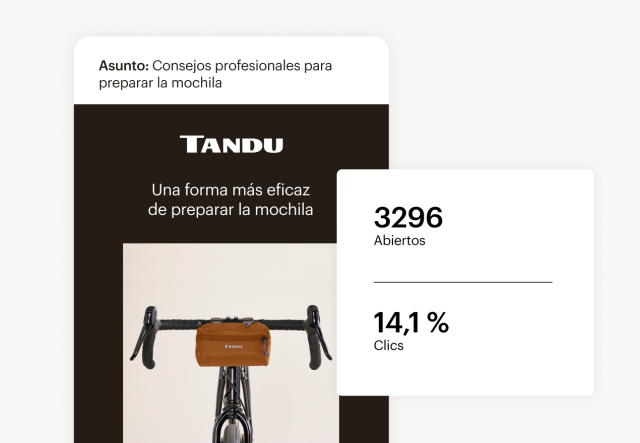 Se muestra un ejemplo de correo electrónico de marketing junto a las estadísticas de apertura y clics de Mailchimp.