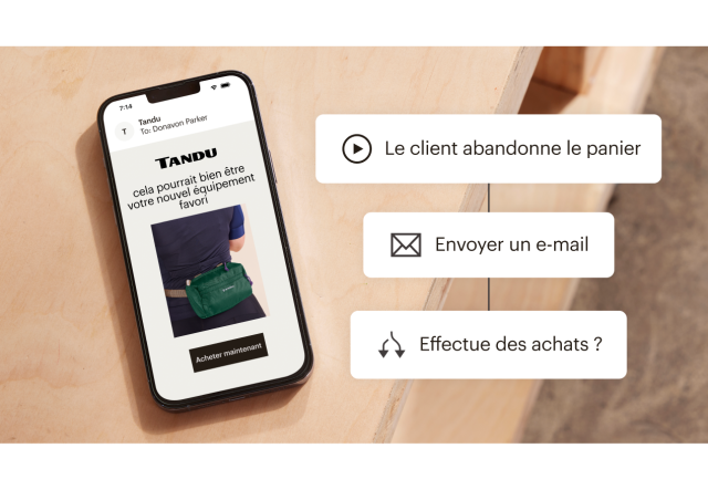 Une automatisation du parcours client utilisée pour envoyer un e-mail lorsqu'un client abandonne son panier d'achats en ligne.