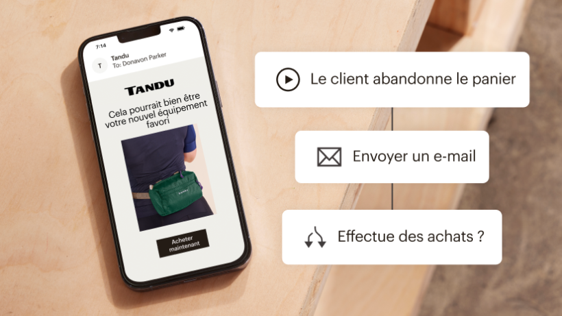 Une automatisation du parcours client utilisée pour envoyer un e-mail lorsqu'un client abandonne son panier d'achats en ligne.