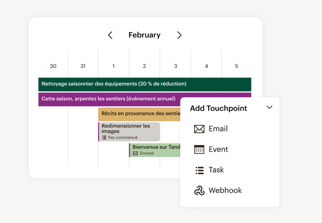 L'outil Campaign Manager de Mailchimp s'affiche à côté d'un menu d'options permettant d'ajouter des points de contact, tels qu'un e-mail, un événement, une tâche ou un webhook.