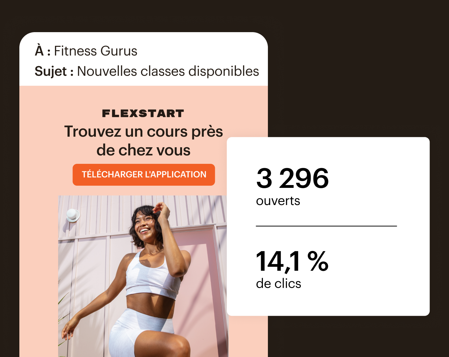 Un e-mail marketing avec un bouton "Télécharger l'application", affiché à côté des statistiques d'ouverture et de clics de Mailchimp.