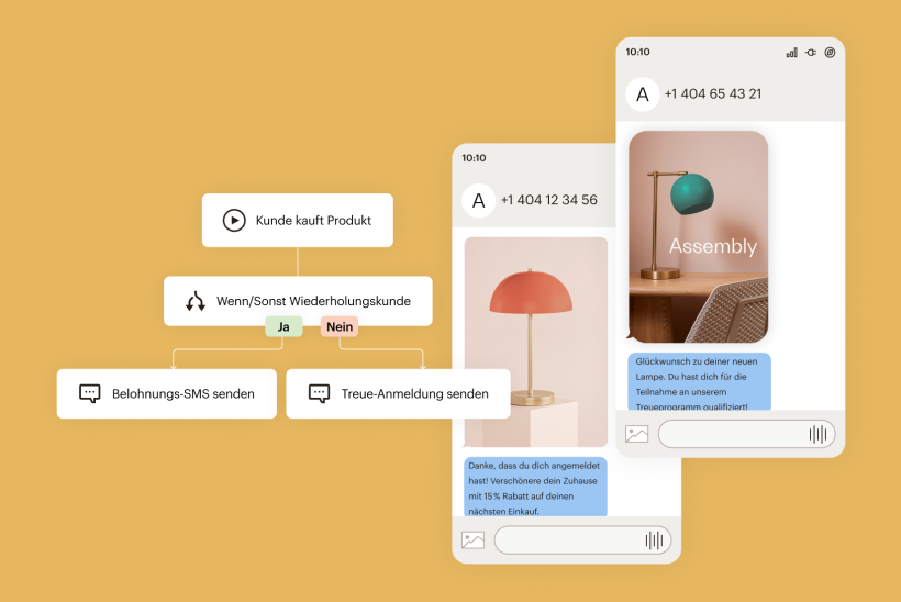 Zwei SMS-Nachrichten, die von Mailchimp gesendet wurden. Links davon befindet sich ein Journey-Flow, der bestimmt, ob einem Kunden eine Prämien-SMS oder eine Treue-Anmelde-SMS gesendet werden soll.

