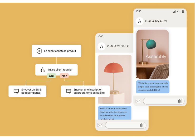 Deux SMS envoyés depuis Mailchimp. À leur gauche se trouve le flux de parcours client qui détermine s'il faut envoyer au client un SMS de récompense ou un SMS d'inscription au programme de fidélité.

