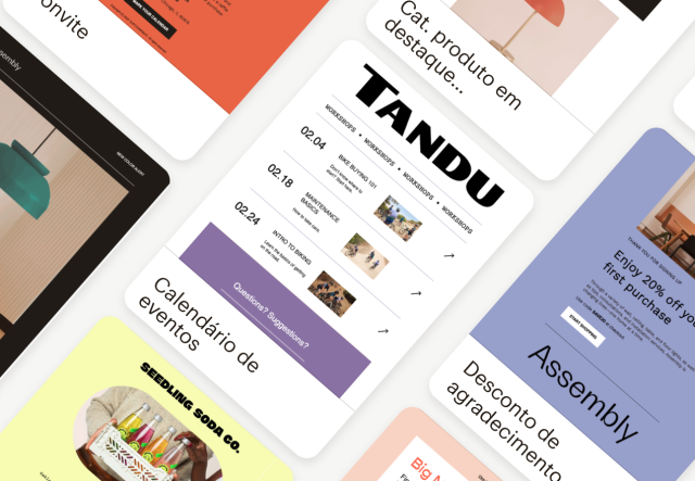 Uma variedade de temas disponíveis no Mailchimp, aplicados a layouts pré-criados como "calendário de eventos" e "desconto de agradecimento".