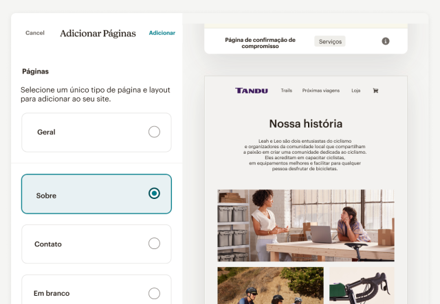 Um site de e-commerce em construção no criador de páginas do Mailchimp, pronto para criar uma nova página sobre sua empresa com um único clique.