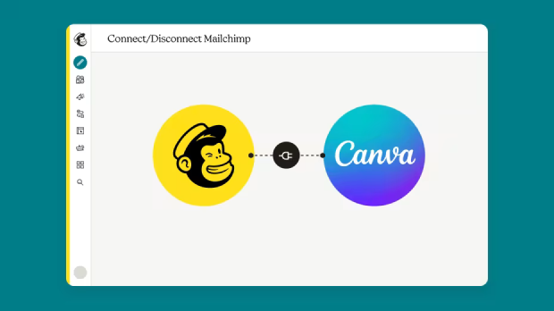 Mailchimp interface showing a Mailchimp logo on a yellow circle connected by a plug icon to a Canva logo.
