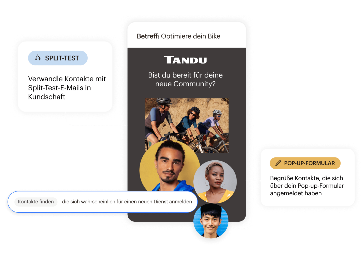 Beispiel-UI von E-Mails für eine Fahrradmarke, die Split-Tests, Pop-up-Formulare und Kontaktsuche-Features zeigt.