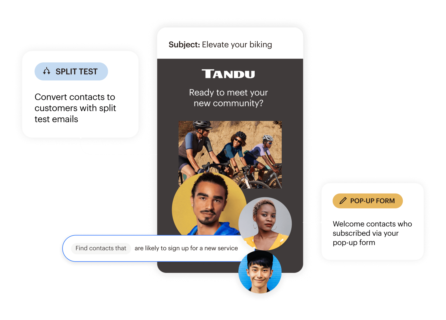 Example UI of emails for a biking brand demonstrating split test, pop-up forms, and find contacts features.