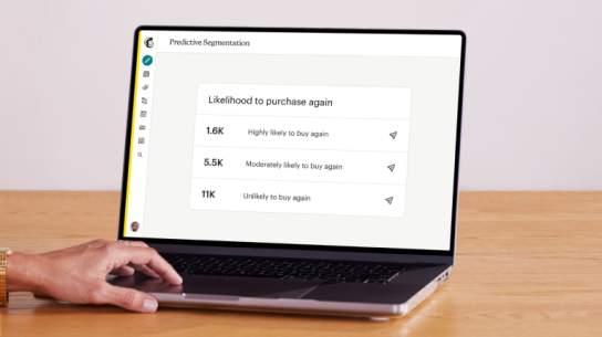 Laptop shows Mailchimp’s predictive segmentation mapping contacts according to their likelihood to purchase again.